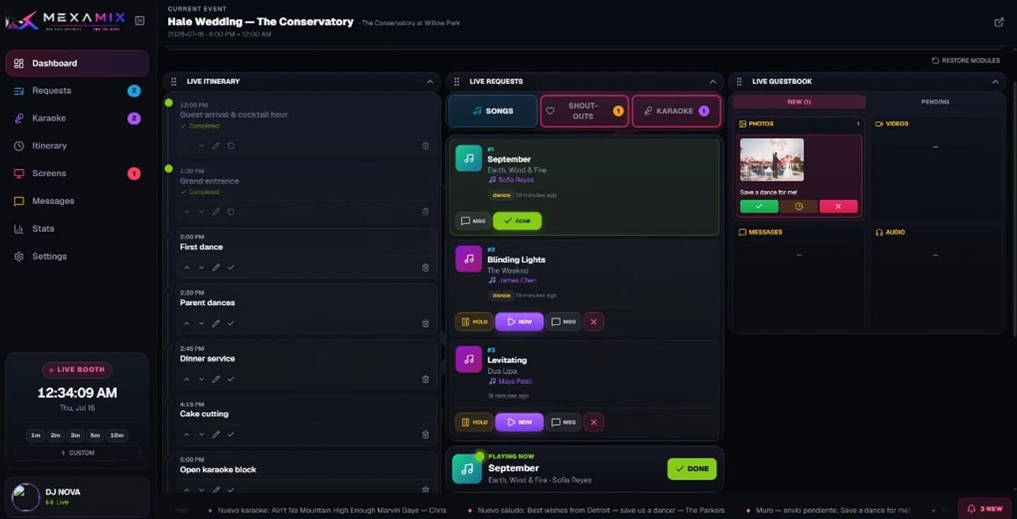 Live booth cockpit with queues and guestbook