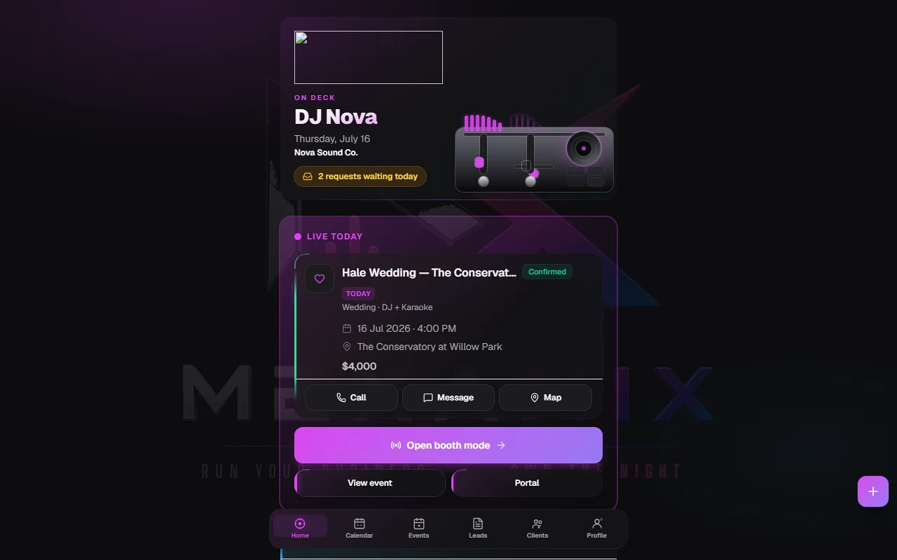 DJ dashboard with today's wedding and stats