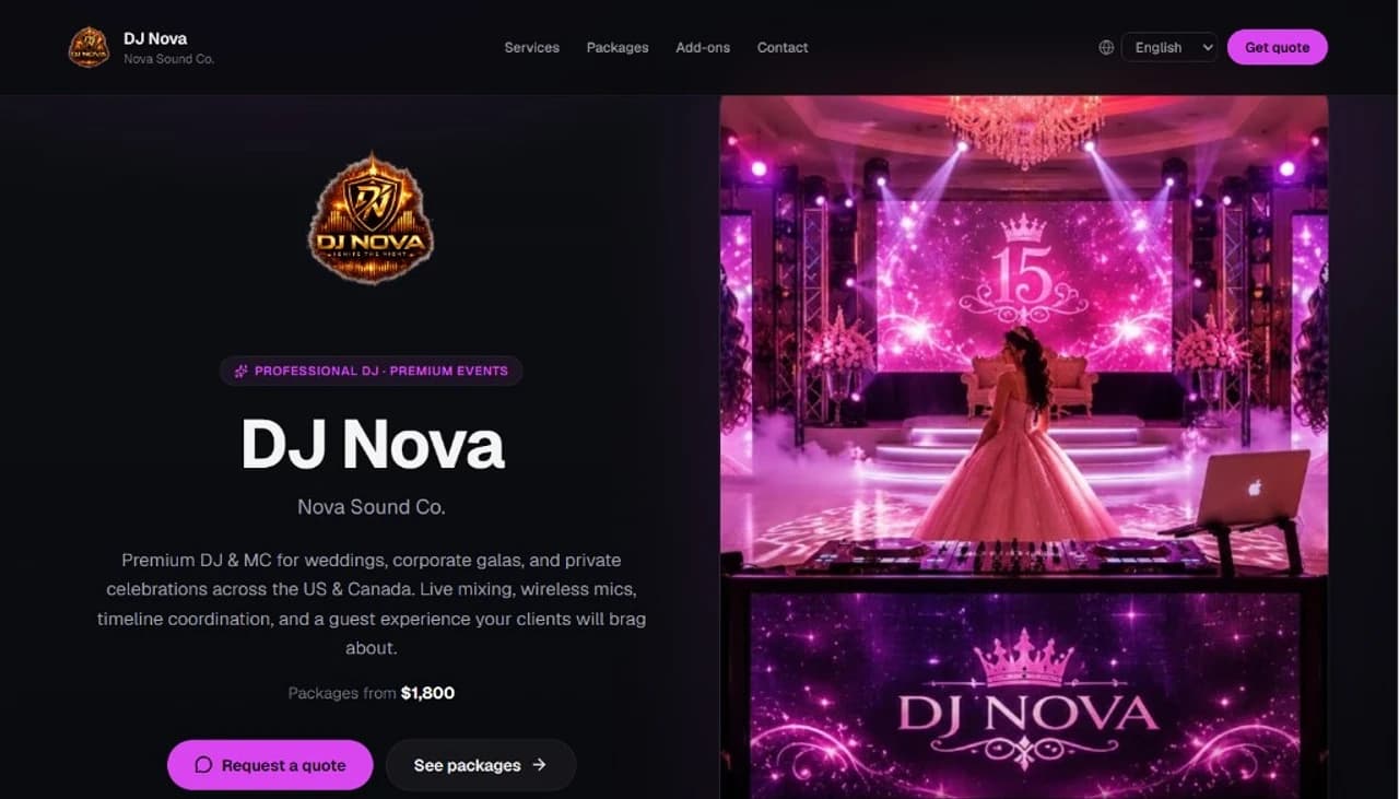 DJ Nova public landing hero with packages and quote CTAs
