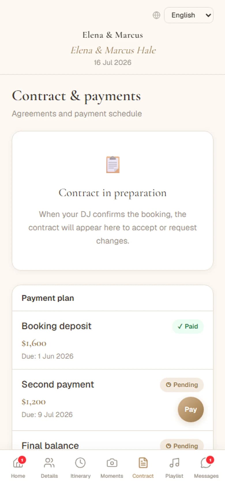 Shared client quote with package details and accept button